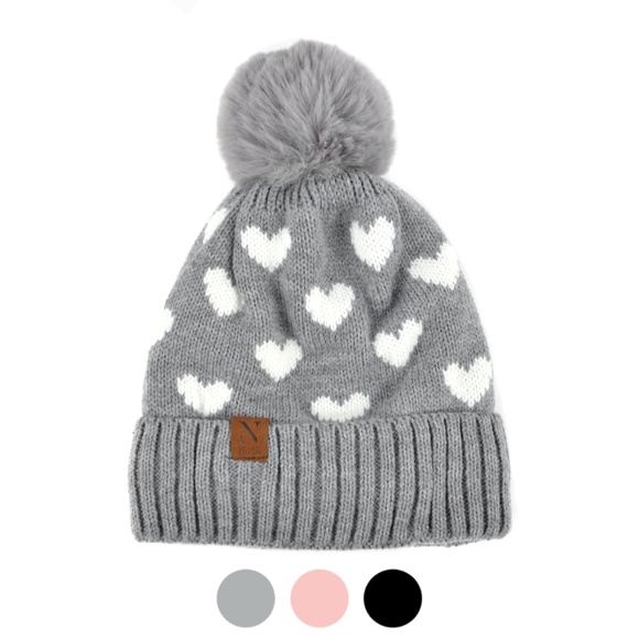 NOLLIA Accessories - Women's Hearts and Pom Pom Knit Winter Hat